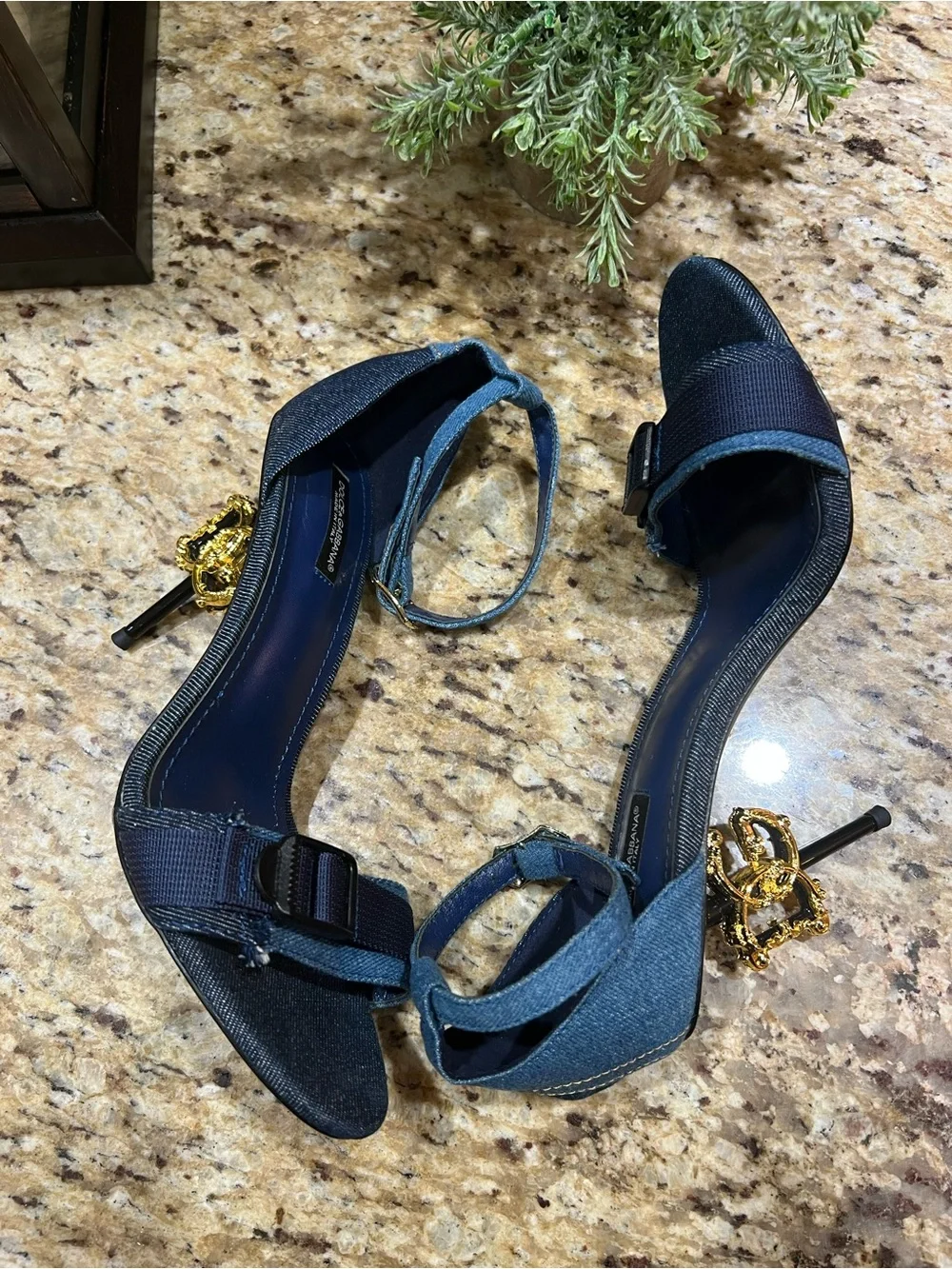 Dolce& Gabbana Patchwork Denim Sandals w/ Baroque DG Heels 40